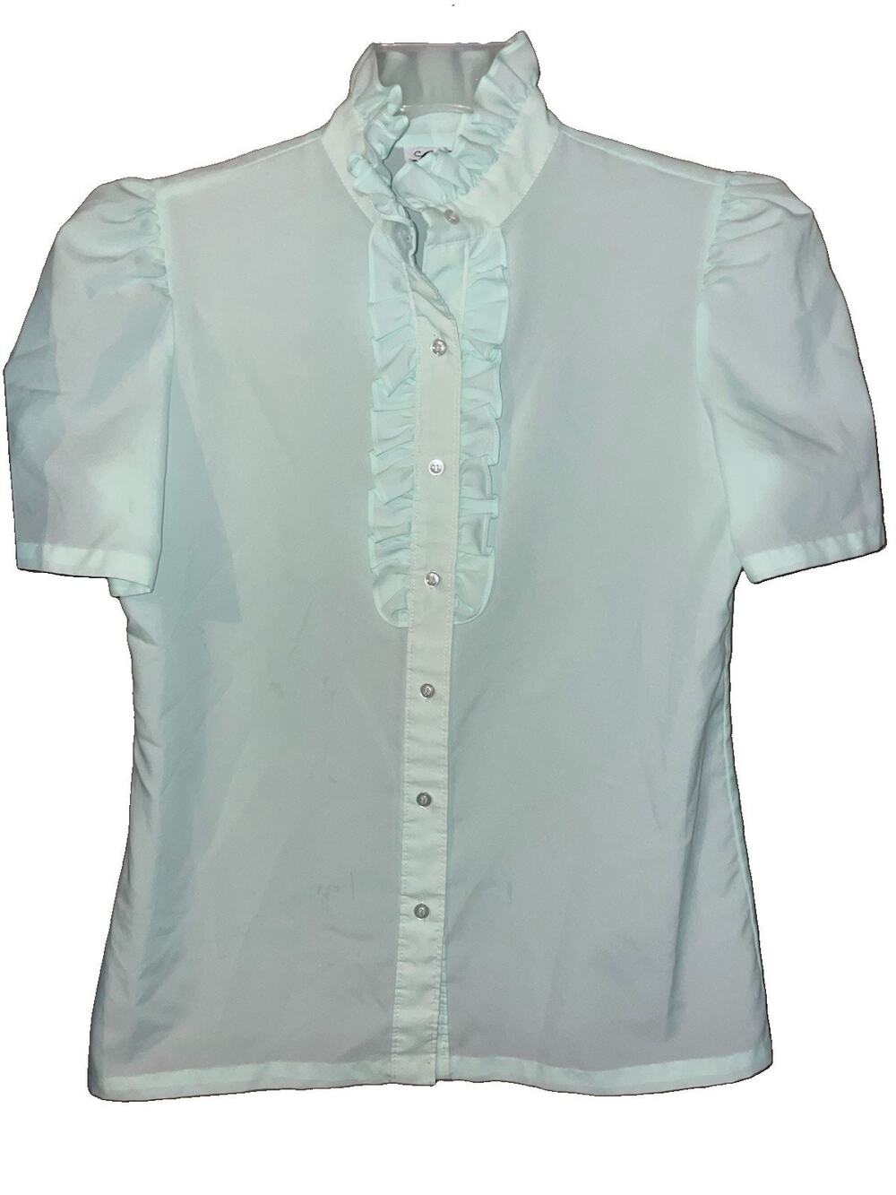 Lucky Winner Women’s Vintage Blouse Navy Blue Ruffle Front And Collar Sz M Soft
